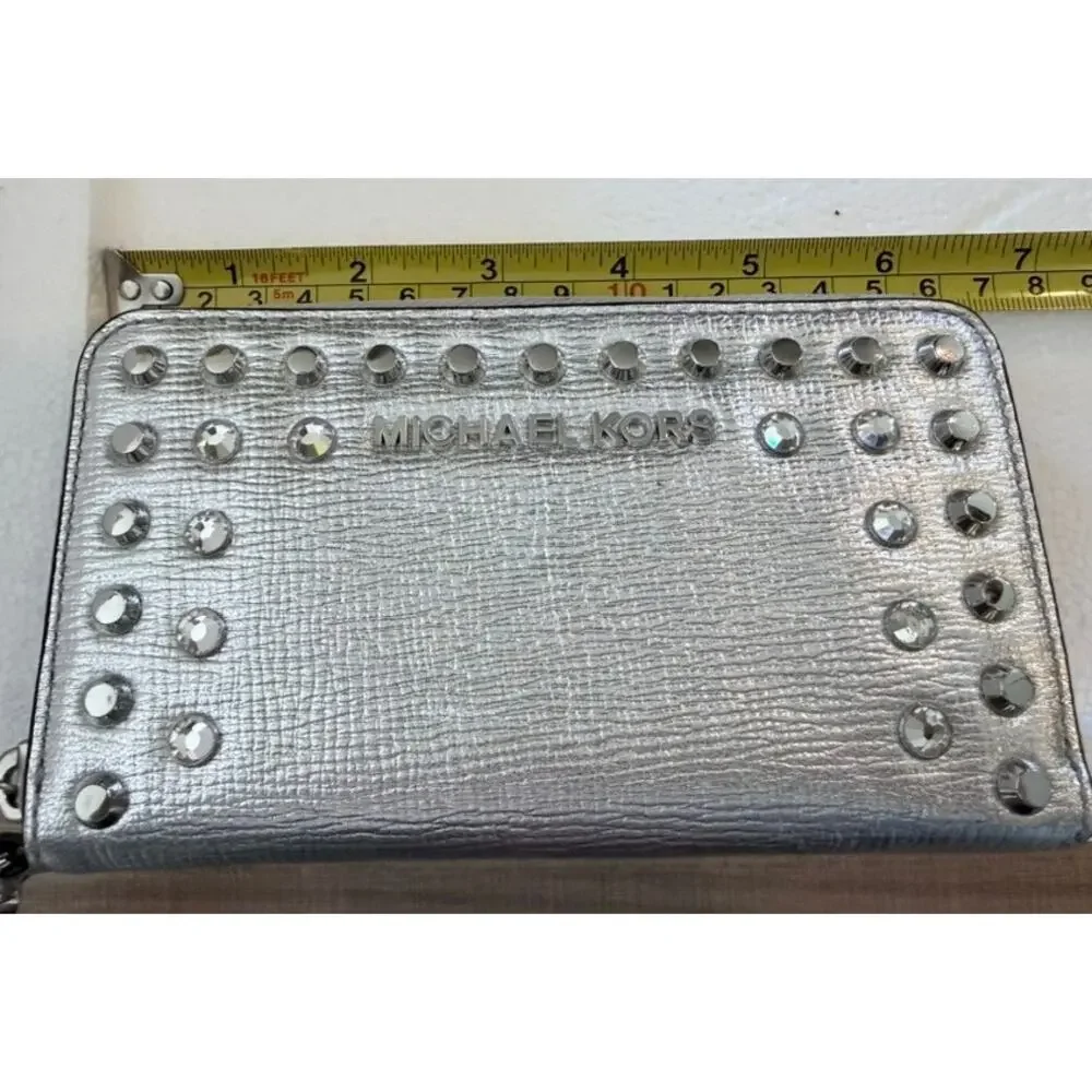 Michael Kors Jet Set Travel Silver Studded Jewel Leather Wristlet Wallet Clutch
